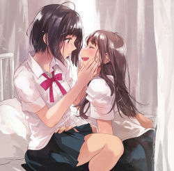 Rule 34 | 2girls, :d, ^ ^, ahoge, black hair, blue skirt, blush, bow, brown hair, closed eyes, cover image, dress shirt, closed eyes, fly (marguerite), from side, hands on another&#039;s cheeks, hands on another&#039;s face, infirmary, kneehighs, long hair, multiple girls, open mouth, original, pleated skirt, profile, red bow, red neckwear, red ribbon, ribbon, shirt, short hair, short sleeves, sitting, skirt, smile, socks, white shirt, yuri