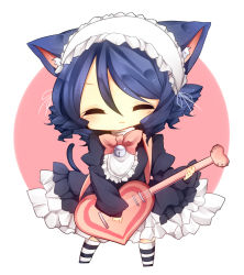 Rule 34 | 10s, 1girl, :3, a-iueo, animal ears, bell, blue hair, blush, bow, bowtie, cat ears, cat tail, circle, closed eyes, collar, curly hair, cyan (show by rock!!), dress, drill hair, frilled dress, frills, gothic lolita, guitar, hairband, instrument, lolita fashion, lolita hairband, neck bell, pink bow, puffy sleeves, short hair, show by rock!!, simple background, sleeves past wrists, smile, solo, strap, strawberry heart (show by rock!!), striped clothes, striped thighhighs, tail, thighhighs, white background