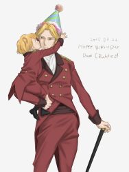 Rule 34 | 10s, 2boys, aldnoah.zero, blonde hair, cane, cruhteo, dated, father and son, happy birthday, hat, klancain, multiple boys, party hat, simabe