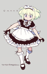 Rule 34 | 1boy, apron, back bow, black dress, black gloves, blonde hair, bow, commentary request, crossdressing, dress, earrings, english text, frilled sleeves, frilled socks, frills, gloves, grey background, half gloves, jewelry, kneehighs, lio fotia, mago, maid, maid apron, maid headdress, mary janes, promare, puffy short sleeves, puffy sleeves, purple eyes, shoes, short hair, short sleeves, sidelocks, simple background, single earring, socks, solo, sweatdrop, trap, triangle earrings, twitter username, two side up, white socks