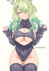 Rule 34 | 1girl, alternate costume, antlers, artist name, bare shoulders, black leotard, black sleeves, black thighhighs, braid, breasts, ceres fauna, cleavage, cleavage cutout, closed mouth, clothing cutout, commentary, covered navel, cutout above navel, detached sleeves, earrings, english commentary, flower, green hair, hair flower, hair ornament, heattech leotard, highres, hololive, hololive english, horns, jewelry, large breasts, leotard, leotard sweater, long hair, looking at viewer, mole, mole on breast, mole under eye, ribbed leotard, ribbed sleeves, ribbed thighhighs, simple background, smile, solo, sunset skyline, thighhighs, turtleneck, underboob, underboob cutout, virgin slayer sweater, virtual youtuber, white background, yellow eyes