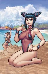 Rule 34 | 2girls, artist name, beach, bikini, black hair, blue bikini, blue sky, blunt bangs, bracelet, breasts, brown hair, bun cover, capcom, chun-li, cloud, cloudy sky, covered erect nipples, covered navel, drill hair, han juri, hand on own hip, highres, index finger raised, jewelry, large breasts, multiple girls, one-piece swimsuit, parted lips, pointing, purple one-piece swimsuit, ryan kinnaird, see-through swimsuit, seiza, sidelocks, sitting, sky, smile, solo focus, spiked bracelet, spikes, street fighter, swimsuit, tree, twin drills