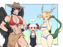 Rule 34 | ..., 3girls, :d, abs, adapted costume, alternate costume, antlers, arm under breasts, armband, bare shoulders, bikini, black choker, black gloves, black hair, black wings, blonde hair, border, breasts, brown headwear, choker, closed mouth, collarbone, contrapposto, covered navel, cowboy hat, cowboy shot, dog tags, dragon horns, dragon tail, earrings, eyebrows hidden by hair, fang, fang out, feathered wings, fingerless gloves, foam (awa), gloves, groin, hair over one eye, hand on own chin, hand up, hands on own hips, hat, highres, horizontal pupils, horn ornament, horn ribbon, horns, horse tail, jewelry, kicchou yachie, kurokoma saki, long hair, looking at another, medium breasts, multiple girls, muscular, muscular female, necklace, o-ring, o-ring bottom, one-piece swimsuit, open mouth, outside border, pegasus wings, pointy ears, ponytail, red bikini, red eyes, ribbon, sarong, sharp teeth, short hair, silver hair, simple background, size difference, small breasts, smile, spoken ellipsis, swimsuit, tail, teeth, touhou, toutetsu yuuma, turtle shell, upper teeth only, white border, wings