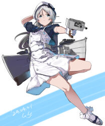 Rule 34 | 1girl, absurdres, adapted turret, black neckerchief, blue eyes, blue sailor collar, blush, bobby socks, cannon, dress, frilled socks, frills, full body, gegeron, gloves, grey hair, hat, highres, javelin (kancolle), kantai collection, long hair, looking at viewer, mary janes, neckerchief, rigging, sailor collar, sailor dress, sailor hat, shoes, short sleeves, simple background, smile, socks, solo, torpedo launcher, white dress, white gloves, white hat