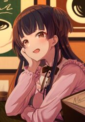 Rule 34 | 1girl, arm on table, black hair, black ribbon, blunt bangs, blush, bow, brown eyes, coffee, commentary request, dot nose, elbow on table, frills, head rest, highres, idolmaster, idolmaster shiny colors, indoors, jacket, long hair, long sleeves, looking at viewer, mayuzumi fuyuko, menu board, open mouth, osoba susurukun, picture frame, pink jacket, ribbon, shirt, skirt, smile, solo, two side up, white shirt