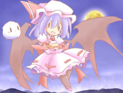 Rule 34 | 1girl, bad id, bad pixiv id, bat wings, blush, crossed arms, deformed, fang, hat, hat ribbon, kedama (touhou), moon, night, night sky, remilia scarlet, ribbon, sky, solid oval eyes, solo, tilde (ice cube), touhou, wings