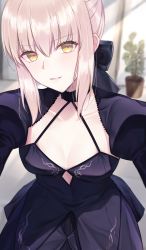 Rule 34 | 1girl, artoria pendragon (all), artoria pendragon (fate), black bow, black choker, black dress, blonde hair, bow, character cutout, choker, collarbone, dress, fate/grand order, fate (series), hair bow, halter dress, halterneck, highres, leaning forward, long sleeves, looking at viewer, meltymaple, outstretched arms, parted lips, plant, potted plant, pov, puffy long sleeves, puffy sleeves, saber alter, short hair, shrug (clothing), smile, solo, yellow eyes