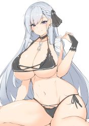 Rule 34 | 1girl, absurdres, azur lane, belfast (azur lane), bikini, braid, breasts, broken, broken chain, chain, chixiao, cleavage, collar, commentary request, earrings, feet out of frame, french braid, frilled gloves, frills, gloves, highres, jewelry, large breasts, long hair, maid, navel, purple eyes, side-tie bikini bottom, smile, swimsuit, white background, white hair
