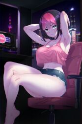 Rule 34 | 1girl, absurdres, armpits, black hair, bob cut, breasts, computer, green eyes, highres, knees, large breasts, legs, multicolored hair, navel, night, osu!, pink hair, pippi (osu!), shorts, sitting, tank top, thick thighs, thighs, two-tone hair, xalvail