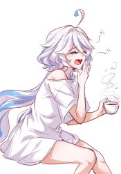 Rule 34 | 1girl, absurdres, ahoge, blue hair, coffee cup, commentary, cup, disposable cup, english commentary, eyelashes, furina (genshin impact), genshin impact, hair between eyes, highres, holding, holding cup, invisible chair, light blue hair, long hair, multicolored hair, off shoulder, open mouth, rubbing eyes, safium, shirt, sitting, solo, squeans, waking up, white background, white hair, white shirt, yawning