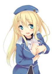 Rule 34 | 10s, 1girl, atago (kancolle), blonde hair, blue eyes, blue hat, blush, breasts, gloves, hat, kantai collection, large breasts, long hair, looking at viewer, military, military uniform, mokoke, open mouth, personification, smile, solo, undressing, uniform