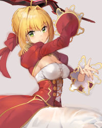 Rule 34 | 10s, 1girl, aestus estus, ahoge, blonde hair, braid, breasts, cleavage, epaulettes, fate/extra, fate (series), french braid, green eyes, grey background, hair intakes, hair ribbon, holding, holding weapon, looking at viewer, medium breasts, nero claudius (fate), nero claudius (fate) (all), nero claudius (fate/extra), red ribbon, ribbon, short hair, shovelwell, simple background, smile, solo, sword, weapon, wide sleeves