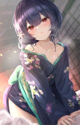 Rule 34 | 1girl, :o, absurdres, all fours, bare shoulders, black hair, black kimono, blush, collarbone, fingernails, floral print, highres, idolmaster, idolmaster shiny colors, indoors, japanese clothes, kimono, looking at viewer, morino rinze, nail polish, red eyes, sky cappuccino, sliding doors, solo