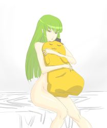 Rule 34 | 00s, 1girl, bed sheet, c.c., cheese-kun, cling, code geass, completely nude, hugging doll, green hair, hachimitsuboi, nude, hugging object, pizza hut, solo, yellow eyes