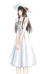 Rule 34 | 1girl, black hair, blunt bangs, blush, commentary request, cowboy shot, dress, highres, long hair, looking at viewer, noto-kanna, original, own hands together, parted lips, red eyes, simple background, solo, sundress, tall female, white background, white dress, white headwear