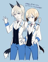 Rule 34 | 2girls, alternate costume, animal ears, bad id, bad pixiv id, blonde hair, blue background, blue eyes, cowboy shot, cross, dog girl, dog tail, eila ilmatar juutilainen, erica hartmann, formal, fox ears, fox girl, fox tail, gloves, iron cross, jacket, kodamari, long hair, looking at viewer, multiple girls, open mouth, pants, purple eyes, shirt, short hair, silver hair, simple background, smile, strike witches, suit, tail, translation request, world witches series