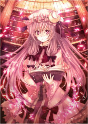 Rule 34 | 1girl, book, bookshelf, bow, bowtie, capelet, cowboy shot, crescent, dress, female focus, frilled dress, frilled sleeves, frills, hair bow, hair ribbon, hat, hat ribbon, long hair, looking at viewer, mob cap, multiple hair bows, nozomi fuuten, patchouli knowledge, purple bow, purple eyes, purple hair, purple ribbon, red bow, ribbon, sidelocks, solo, sparkle, striped clothes, striped dress, touhou, tress ribbon, very long hair