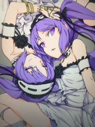 Rule 34 | 2girls, anklet, armband, bracelet, breasts, choker, commentary request, dress, euryale (fate), fate/grand order, fate (series), hairband, hand on another&#039;s head, highres, jewelry, long hair, looking at viewer, looking back, multiple girls, open mouth, purple eyes, purple hair, siblings, sisters, small breasts, smile, stheno (fate), strapless, strapless dress, torichamaru, twins, twintails