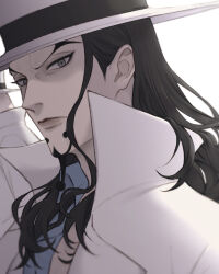 Rule 34 | 1boy, animal, animal on shoulder, bird, black hair, blue shirt, blurry border, close-up, closed mouth, coat, coat on shoulders, facial hair, goatee, hat, hattori (one piece), highres, long hair, looking at viewer, one piece, pigeon, profile, rob lucci, shirt, simple background, v-shaped eyebrows, white background, white hat, yl notsad