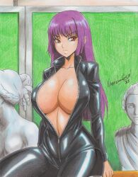 Rule 34 | 1girl, 2023, absurdres, black bodysuit, bodysuit, breasts, bust (sculpture), cleavage, collarbone, dated, highres, huge breasts, ijiranaide nagatoro-san, indoors, large breasts, long hair, navel, open bodysuit, open clothes, purple hair, ravernclouk design, red eyes, sculpture, signature, sitting, solo, sunomiya sana, traditional media