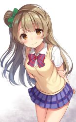 1girl arm_behind_back blush bow bowtie brown_eyes brown_hair collared_shirt cowboy_shot female_focus green_bow hair_bow hand_on_own_arm long_hair looking_at_viewer love_live! love_live!_school_idol_project minami_kotori miniskirt one_side_up otonokizaka_school_uniform red_bow red_bowtie school_uniform shiromikan shirt short_sleeves skirt smile solo striped_bow striped_bowtie striped_clothes striped_neckwear sweater_vest white_shirt