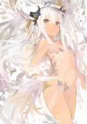 Rule 34 | 1girl, :/, absurdres, angel, angel wings, antenna hair, aqua eyes, closed mouth, commentary request, cowboy shot, feathers, flat chest, groin, hair between eyes, hair wings, hand up, highres, horns, kaamin (mariarose753), long hair, maebari, markings, navel, nude, original, pasties, short eyebrows, solo, v-shaped eyebrows, very long hair, white background, white hair, white wings, wings