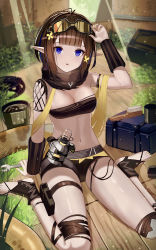 Rule 34 | 1girl, :o, absurdres, arknights, arm guards, arm up, belt, bikini, black bikini, black legwear, blue eyes, blue hair, blunt bangs, breasts, brown hair, bucket, butterfly hair ornament, cleavage, day, eunectes (arknights), goggles, goggles on head, hair ornament, highres, holding, indoors, light rays, looking at viewer, medium breasts, multicolored hair, nail polish, navel, on floor, open mouth, pointy ears, short hair, sitting, snake tail, solo, strapless, strapless bikini, streaked hair, sunbeam, sunlight, swimsuit, tail, teruru (teruru0321), thigh strap, toeless legwear, two-tone hair, wariza, wooden floor, wrench, yellow nails