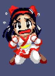 1girl ainu_clothes black_eyes black_hair blue_hair breasts clenched_hands fingerless_gloves gloves hair_ribbon jumping legs long_hair looking_at_viewer medium_breasts nakoruru open_mouth panicking pants pixel_art ribbon samurai_spirits snk solo the_king_of_fighters thighs