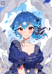 Rule 34 | 1girl, absurdres, bao (vtuber), bao (vtuber) (6th costume), blue dress, blue hair, blue sky, braid, breasts, cleavage, closed mouth, cloud, commentary, crown braid, day, dress, english commentary, hair between eyes, hayate fish, highres, indie virtual youtuber, looking at viewer, petals, puffy short sleeves, puffy sleeves, red eyes, see-through, short sleeves, sky, small breasts, smile, solo, upper body, virtual youtuber
