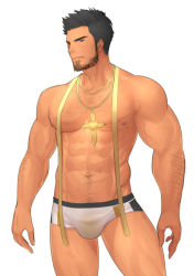 Rule 34 | 1boy, abs, arm hair, bara, beard, black hair, boxer briefs, bulge, chest hair, cross, cross necklace, dungeon and fighter, facial hair, feet out of frame, hunterkay, jewelry, large pectorals, leg hair, male focus, male priest (dungeon and fighter), male underwear, mature male, muscular, muscular male, navel, navel hair, necklace, nipples, pectorals, short hair, sideburns, solo, spiked hair, stomach, thighs, topless male, underwear, underwear only, white male underwear