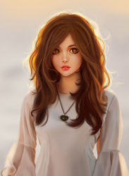 Rule 34 | 1girl, absurdres, backlighting, blurry, brown eyes, brown hair, commentary, depth of field, freckles, head tilt, heart, heart necklace, highres, jewelry, lemon cat, long hair, looking at viewer, necklace, original, parted lips, photo-referenced, realistic, shirt, solo, swept bangs, white shirt