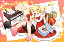 Rule 34 | 1boy, bandage over one eye, bird, birthday, black shorts, blonde hair, bottle, bouquet, box, cak ntama, cape, character name, commentary, crown, cubi (vocaloid), cup, dal segno (symbol), drinking glass, english commentary, envelope, flower, full body, fur-trimmed cape, fur trim, gift, gift box, glass, happy birthday, holding, holding cup, holding stuffed toy, instrument, james (vocaloid), juice, kneehighs, looking at viewer, male focus, minahoshi taichi, mini crown, mini piano, oliver (vocaloid), one eye covered, open mouth, paper, piano, red cape, scroll, sheet music, shirt, shorts, sitting, slippers, smile, socks, striped clothes, striped footwear, stuffed animal, stuffed rabbit, stuffed toy, vocaloid, white shirt, wine glass, yellow eyes