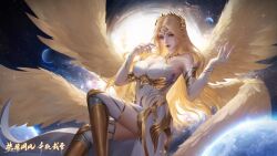 Rule 34 | 1girl, absurdres, armor, armored boots, armored dress, artist request, bare shoulders, blonde hair, boots, closed mouth, clothing cutout, constellation, detached collar, detached sleeves, douluo dalu, dress, expressionless, giant, hands up, highres, long hair, multiple wings, planet, qian renxue (douluo dalu), second-party source, side cutout, space, sparkle, white dress, wings