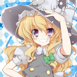 Rule 34 | 1girl, blonde hair, bow, braid, colorized, female focus, gotou nao, grin, hair bow, hand on own hip, hat, highres, kirisame marisa, long hair, okino ryuuto, purple eyes, smile, solo, touhou, upper body, witch, witch hat