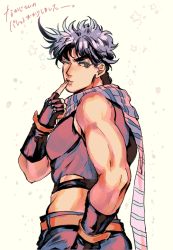 Rule 34 | 1boy, finger to mouth, fingerless gloves, from behind, gloves, green eyes, jojo no kimyou na bouken, joseph joestar, joseph joestar (young), looking back, male focus, muscular, one eye closed, purple hair, scarf, solo, star (symbol), starry background, striped clothes, striped scarf, sujiko (125motimoti), translation request, upper body