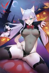 Rule 34 | 1girl, absurdres, animal, animal ears, aqua eyes, bikini, black thighhighs, blush, breasts, cape, crescent moon, earrings, fei mao, gluteal fold, halloween, halloween costume, hat, heterochromia, highres, jack-o&#039;-lantern, jewelry, large breasts, long hair, looking at viewer, moon, night, open mouth, original, pink eyes, solo, spread legs, string bikini, swimsuit, tearing up, tears, thighhighs, witch hat, wolf, wolf ears