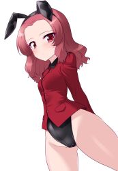 Rule 34 | 1girl, animal ears, black one-piece swimsuit, blush, closed mouth, girls und panzer, highleg, highleg swimsuit, highres, jacket, kuzuryuu kennosuke, long sleeves, looking at viewer, medium hair, one-hour drawing challenge, one-piece swimsuit, playboy bunny swimsuit, rabbit ears, red eyes, red hair, red jacket, rosehip (girls und panzer), simple background, solo, st. gloriana&#039;s military uniform, standing, swimsuit, thighs, white background