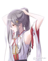 Rule 34 | 10s, 1girl, adjusting hair, alternate hairstyle, armpits, arms up, black hair, blush, brown eyes, commentary request, detached sleeves, hair ornament, hairclip, haruna (kancolle), ichimatsu nana, kantai collection, long hair, mouth hold, nontraditional miko, ribbon-trimmed sleeves, ribbon trim, simple background, solo, twitter username, upper body, white background, wide sleeves