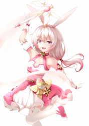 Rule 34 | 1girl, :d, animal ears, bare shoulders, crown, dress, fox ears, gloves, highres, holding, holding wand, honkai (series), honkai impact 3rd, long hair, looking at viewer, magical girl, open mouth, pink dress, pink footwear, pink hair, side ponytail, simple background, skysuy (2267420264), sleeveless, sleeveless dress, smile, solo, theresa apocalypse, theresa apocalypse (sakuno rondo), thighs, wand, white background, white gloves
