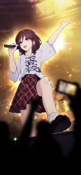Rule 34 | 1girl, absurdres, ayatsuki nina, black footwear, blue eyes, commentary request, crowd, girls band cry, highres, holding, holding microphone, microphone, music, open mouth, plaid, plaid skirt, pleated skirt, red hair, red skirt, shirt, short sleeves, short twintails, singing, skirt, socks, solo focus, stage, sweat, taking picture, twintails, white shirt, white socks, yun cao bing