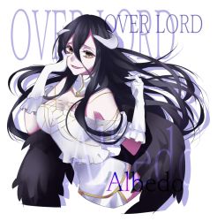 Rule 34 | 1girl, albedo (overlord), bad id, bad pixiv id, black feathers, black hair, breasts, demon girl, feathers, hair between eyes, highres, hip vent, horns, huge breasts, long hair, looking at viewer, low wings, marina1217, overlord (maruyama), simple background, solo, wings, yellow eyes