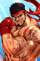 Rule 34 | 1boy, 2024, bara, beard, biceps, doro rich, facial hair, flexing, gloves, headband, highres, looking at viewer, male focus, manly, mature male, muscular, muscular male, new year, outdoors, pectorals, ryu (street fighter), sky, smirk, solo, spiked hair, street fighter, thick arms, thick eyebrows, upper body, veins