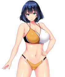 Rule 34 | 1girl, :&gt;, arm at side, armpits, bikini, blue hair, breasts, cleavage, closed mouth, cowboy shot, eyebrows hidden by hair, female focus, game cg, gluteal fold, green eyes, hair between eyes, hand on own hip, large breasts, legs, looking at viewer, navel, nonomiya himari, original, shiokonbu, short hair, sister lesson, smile, solo, standing, swimsuit, tachi-e, thighs, transparent background