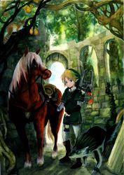 Rule 34 | 1boy, 1girl, blonde hair, blue eyes, epona, gloves, hat, horse, lamp, link, wolf link, midna, nature, nintendo, pointy ears, smile, tetuankyo, the legend of zelda, the legend of zelda: twilight princess, time paradox, wolf