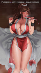 Rule 34 | 1girl, bad id, bad pixiv id, bed sheet, blush, breasts, brown eyes, brown hair, cleavage, folded fan, closed mouth, facing viewer, fatal fury, folding fan, hand fan, high ponytail, highres, japanese clothes, jjanda, large breasts, looking at viewer, lying, nail polish, ninja, on back, pelvic curtain, ponytail, revealing clothes, rope, shiranui mai, snk, solo, the king of fighters, wooden floor