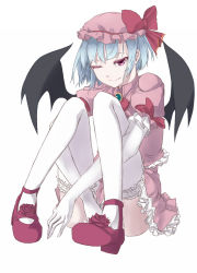 1girl alternate_eye_color bat_wings blue_hair colored_eyelashes convenient_leg elbow_gloves female_focus flower full_body gloves hat hat_ribbon highres legs_up mary_janes mob_cap one_eye_closed puffy_sleeves purple_eyes reibun_(raven1119) remilia_scarlet ribbon rose shirt shoes short_hair short_sleeves simple_background skirt skirt_set smile solo thighhighs touhou white_background white_gloves white_thighhighs wings