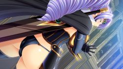 Rule 34 | 1girl, armor, ass, belladonna mordelhyde, blush, breasts, cape, chijoku no onna kishi, drill hair, game cg, large breasts, lune (company), purple hair, serious, solo, sword, weapon