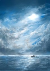 Rule 34 | aqua theme, blue sky, blue theme, boat, cloud, cloudy sky, monochrome, no humans, ocean, original, outdoors, scenery, seascape, sky, sun, sunlight, wariko, water, watercraft