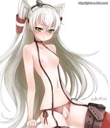 Rule 34 | 10s, 1girl, 2014, amatsukaze (kancolle), bad id, bad pixiv id, blush, breasts, brown eyes, censored, crotchless, crotchless panties, dated, garter straps, ginko (silver fox), hair tubes, kantai collection, long hair, looking at viewer, naked suspenders, narrow waist, navel, nipple slip, nipples, open mouth, panties, pussy, silver hair, small breasts, solo, suspenders, thighhighs, topless, twintails, two side up, underwear, watermark, web address