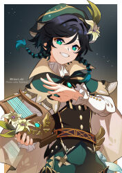 Rule 34 | 1boy, absurdres, androgynous, aqua hair, artist name, beret, black hair, bow, braid, brooch, cape, corset, feathers, flower, frilled sleeves, frills, genshin impact, gradient hair, green cape, green eyes, green hat, green shorts, grin, hair between eyes, hat, hat flower, highres, holding, holding instrument, instrument, jewelry, leaf, lkari shi, long sleeves, looking at viewer, lyre, male focus, multicolored hair, shirt, short hair with long locks, shorts, smile, solo, twin braids, twitter username, venti (genshin impact), white flower, white shirt
